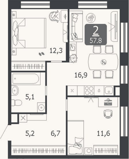 Планировка: 3-к, 59,7 м²