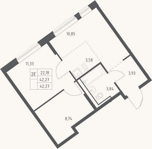 Планировка: 2-к, 42,3 м²
