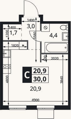 Планировка: Студия, 30 м²