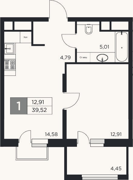 Планировка: 1-к, 37,3 м²