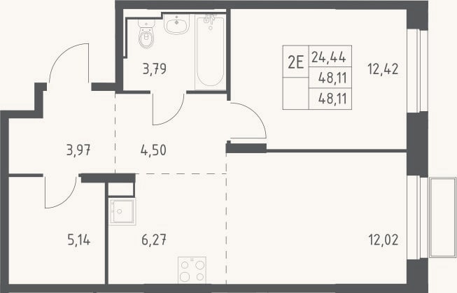 Планировка: 2-к, 48,1 м²
