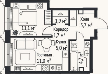 Планировка: 2-к, 41,1 м²