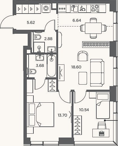 Планировка: 3-к, 61,7 м²