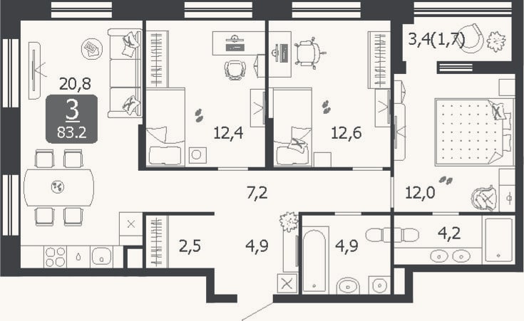 Планировка: 4+ к, 81,5 м²