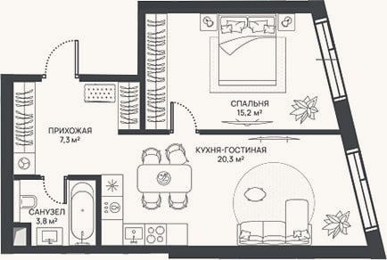 Планировка: 2-к, 46,6 м²