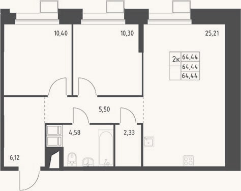 Планировка: 3-к, 64,4 м²