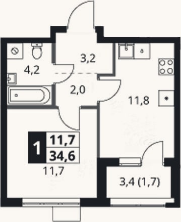Планировка: 1-к, 32,9 м²