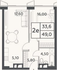 Планировка: 2-к, 49 м²