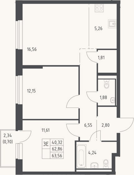 Планировка: 3-к, 62,9 м²