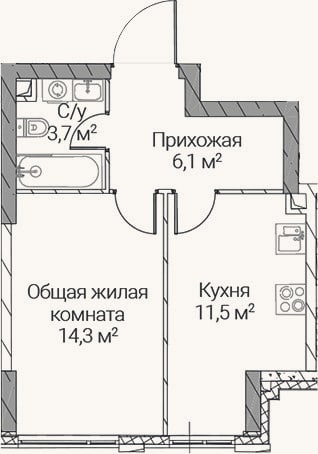 Планировка: 1-к, 35,6 м²