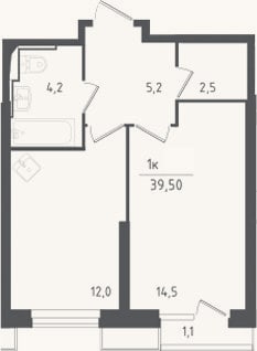 Планировка: 1-к, 38,4 м²