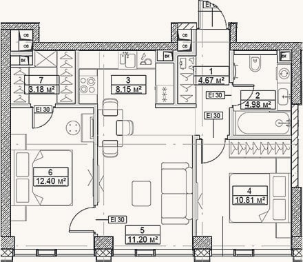 Планировка: 3-к, 55,4 м²