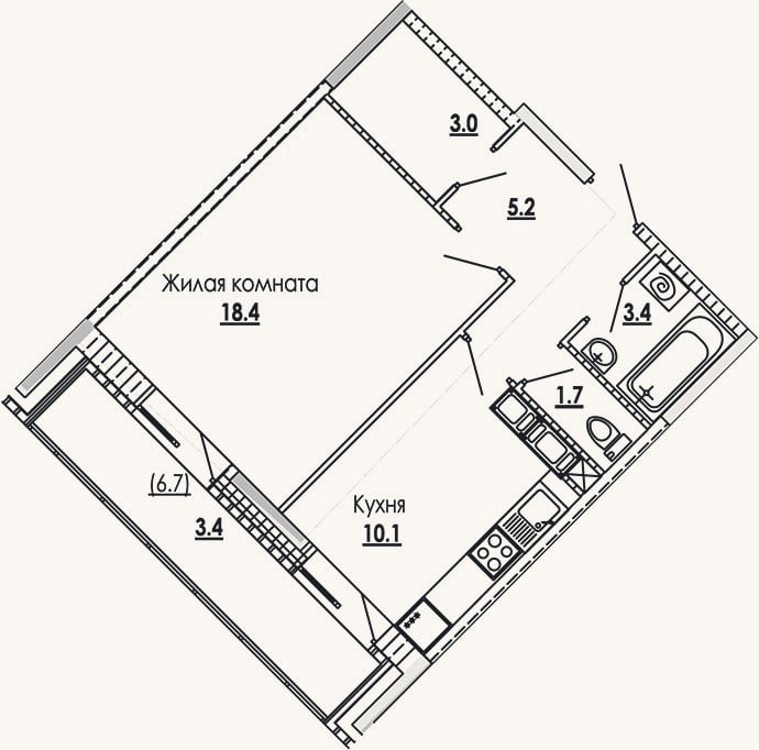 Планировка: 1-к, 41,8 м²