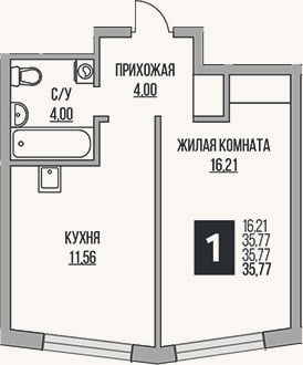 Планировка: 1-к, 35,8 м²