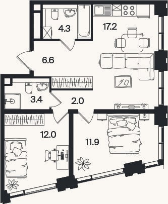 Планировка: 3-к, 57,4 м²