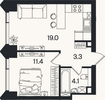 Планировка: 2-к, 37,8 м²