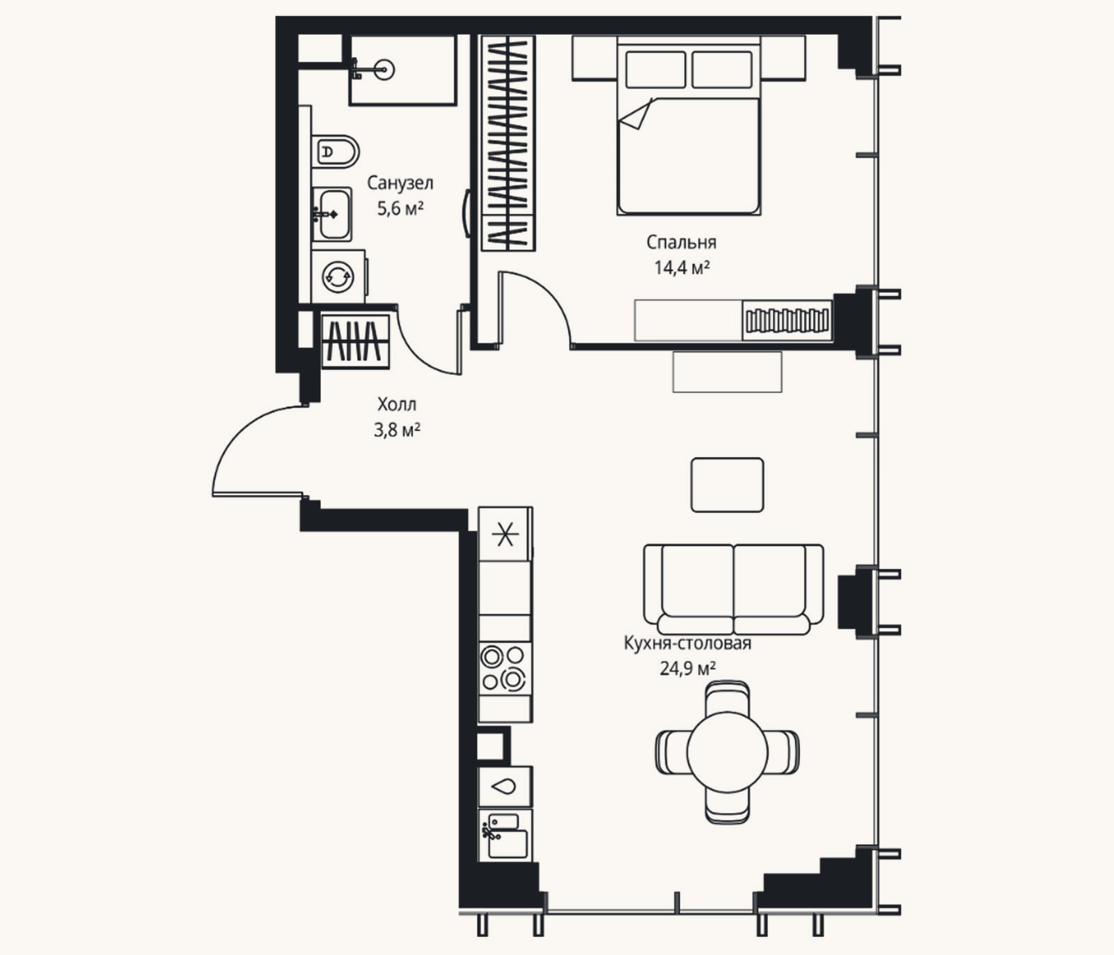 Планировка: 2-к, 48,7 м²