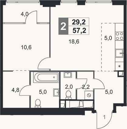 Планировка: 2-к, 53,2 м²