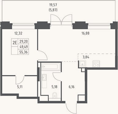 Планировка: 2-к, 49,5 м²