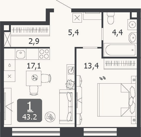 Планировка: 2-к, 43,2 м²