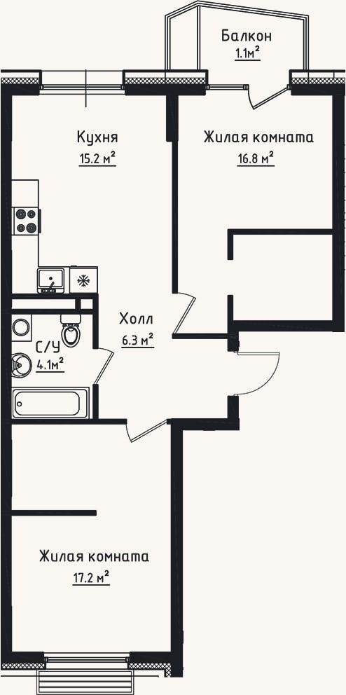 Планировка: 2-к, 59,6 м²