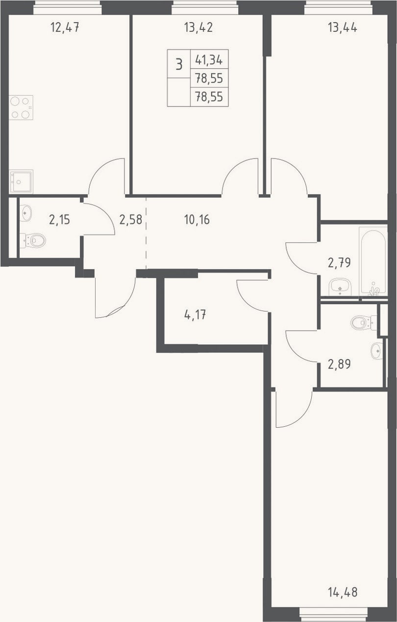 Планировка: 3-к, 78,6 м²