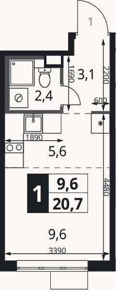 Планировка: Студия, 20,7 м²