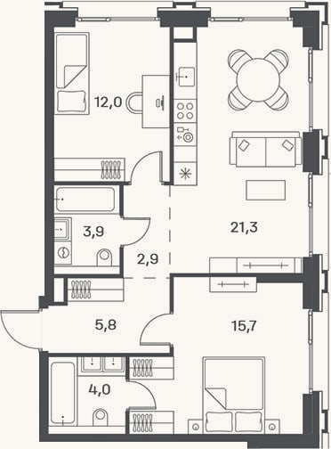 Планировка: 3-к, 65,6 м²