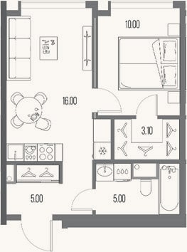 Планировка: 1-к, 39,1 м²