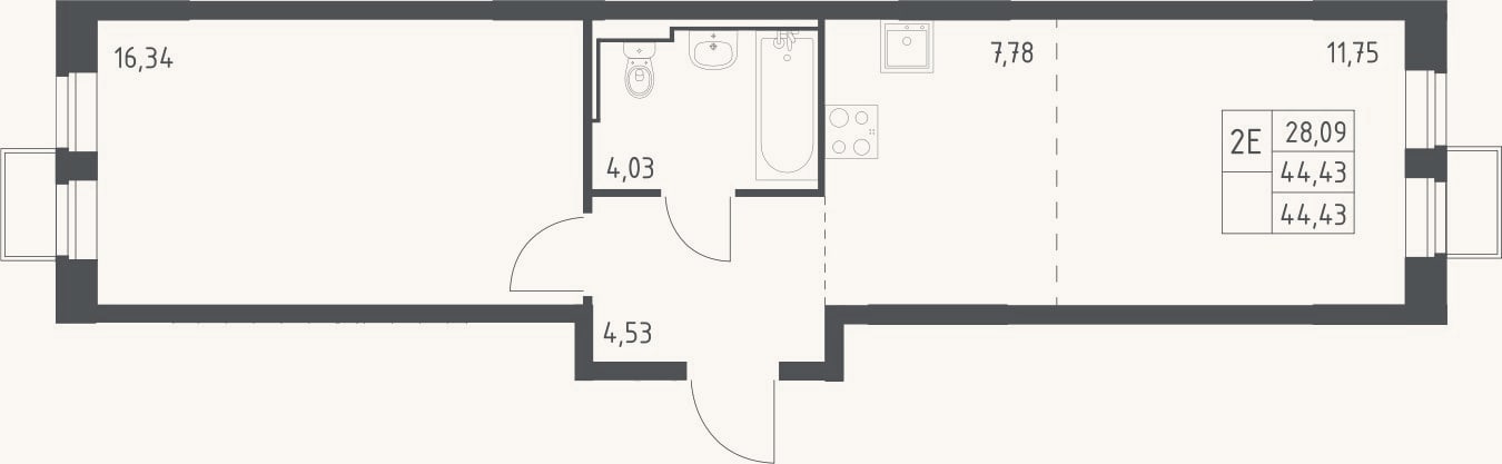 Планировка: 2-к, 44,4 м²