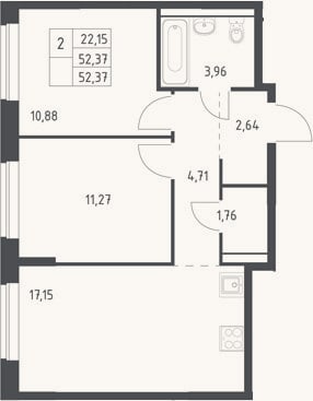 Планировка: 3-к, 52,4 м²