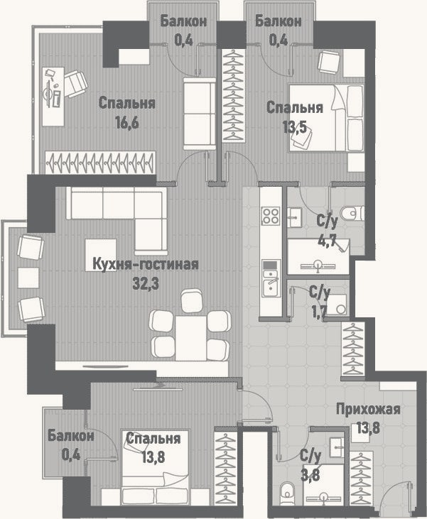 Планировка: 4+ к, 100,2 м²