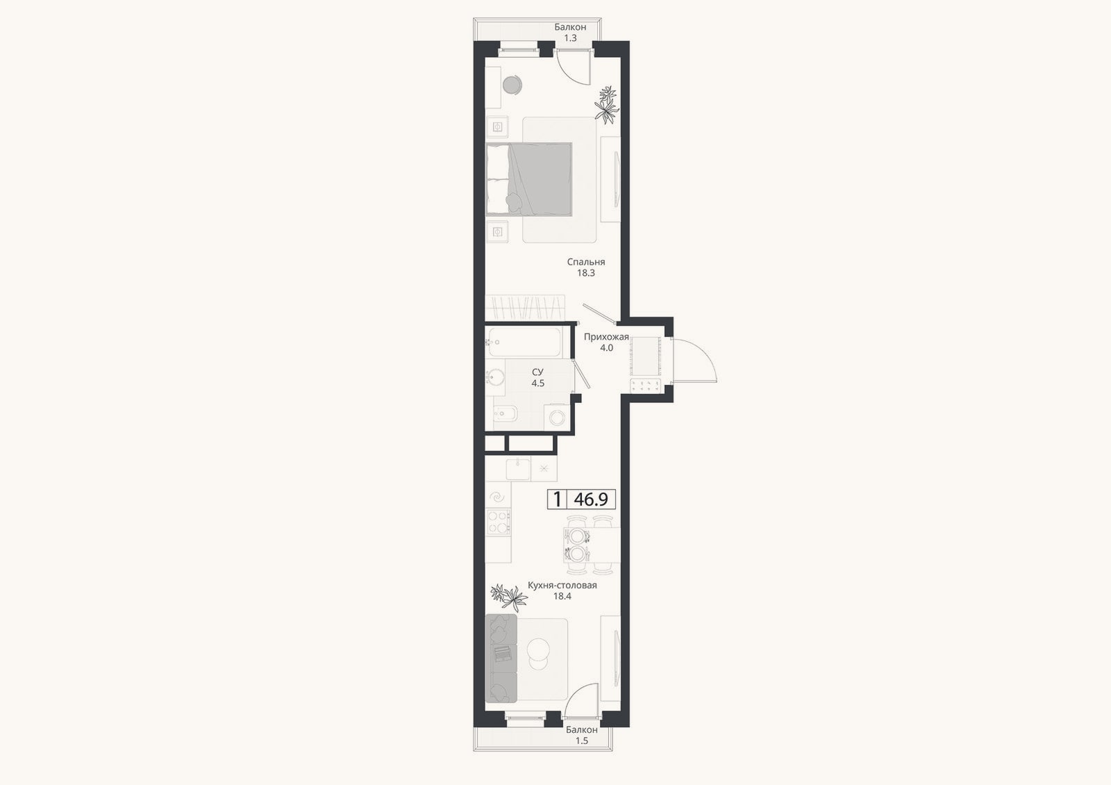 Планировка: 2-к, 46,1 м²