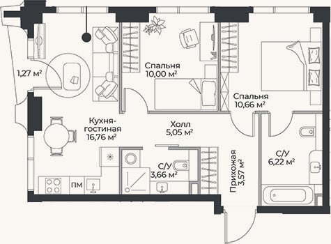 Планировка: 3-к, 55,9 м²