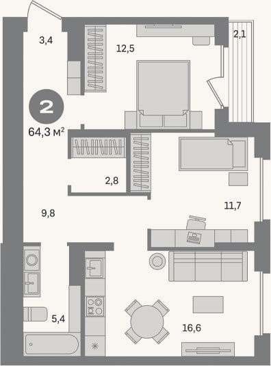 Планировка: 2-к, 62,2 м²