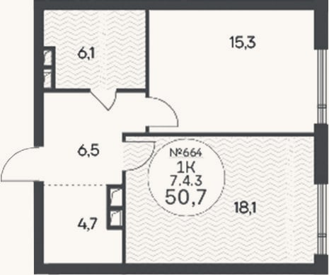 Планировка: 1-к, 50,7 м²