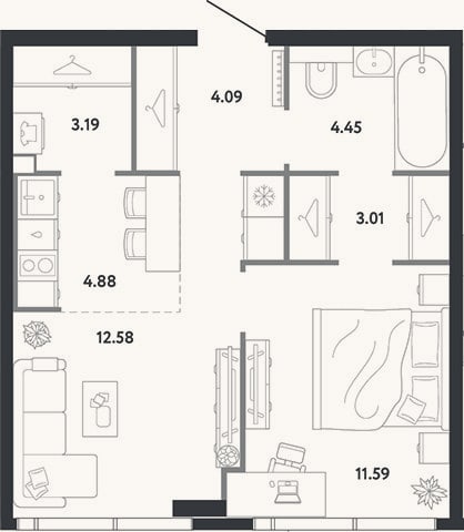 Планировка: 1-к, 43,8 м²