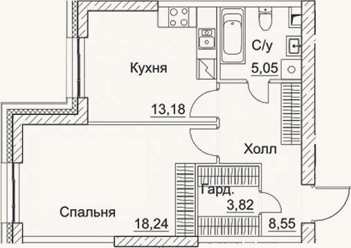 Планировка: 1-к, 48,8 м²