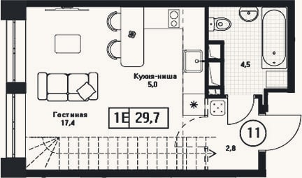 Планировка: Студия, 29,7 м²