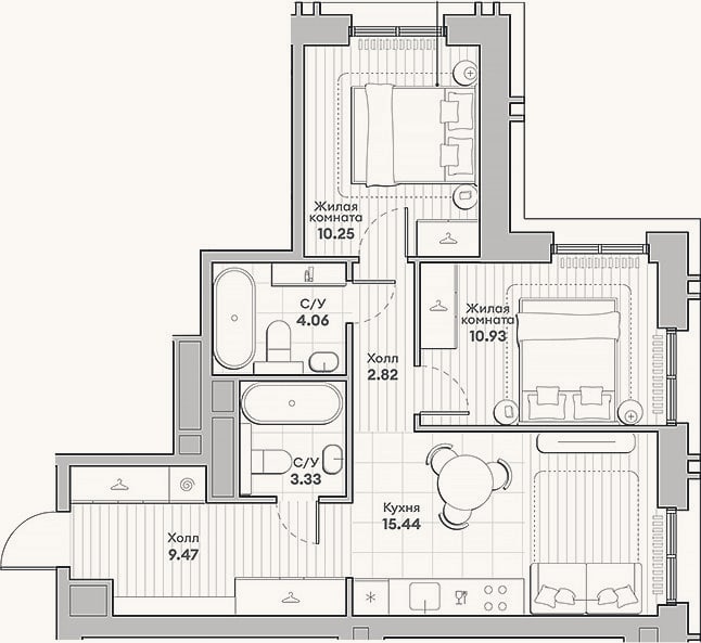 Планировка: 2-к, 56,3 м²
