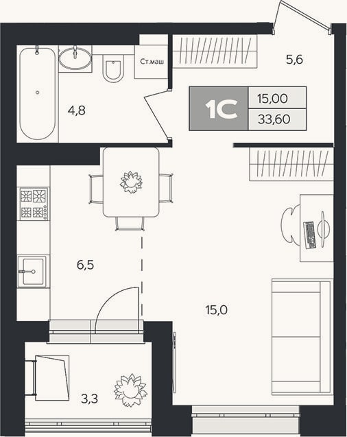 Планировка: Студия, 32 м²
