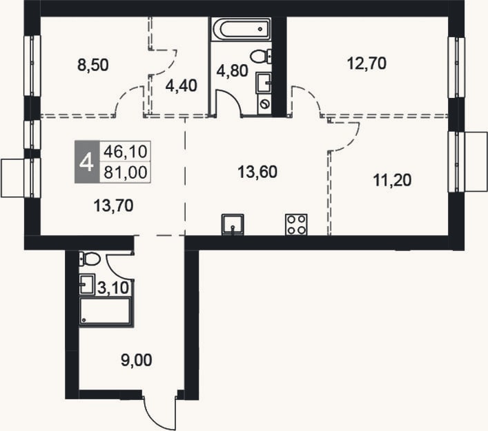 Планировка: 4+ к, 81 м²