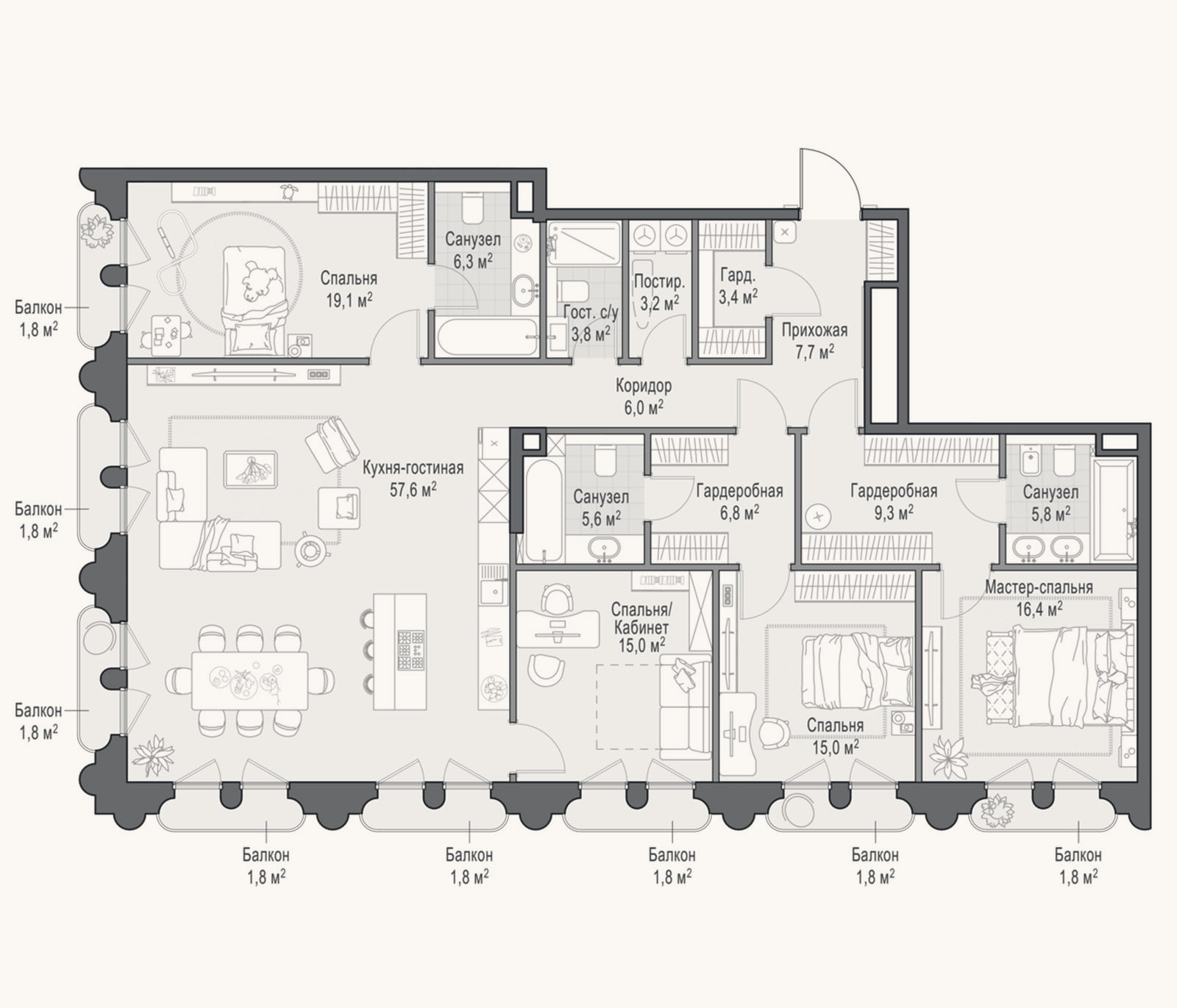Планировка: 4+ к, 186,9 м²