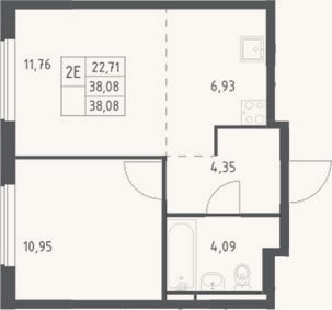 Планировка: 2-к, 38,1 м²