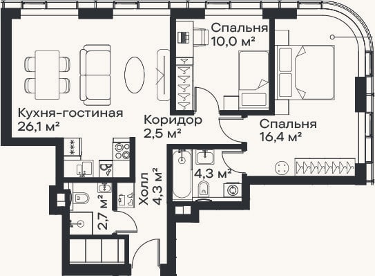 Планировка: 3-к, 66,3 м²