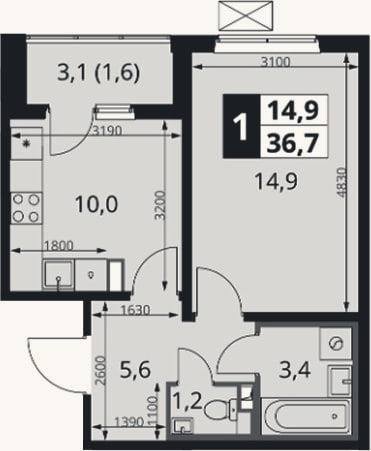Планировка: 1-к, 35,1 м²