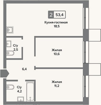 Планировка: 3-к, 53,4 м²