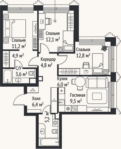 Планировка: 4+ к, 76,5 м²