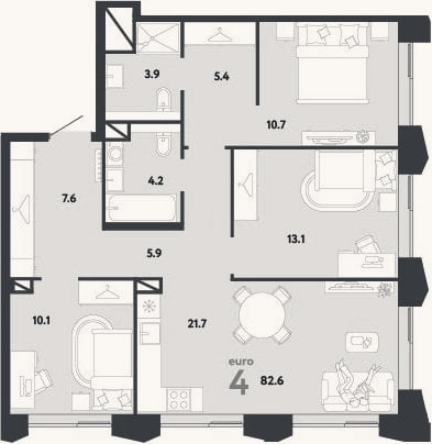 Планировка: 4+ к, 82,6 м²
