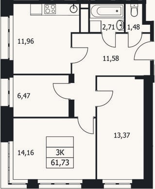 Планировка: 3-к, 61,7 м²